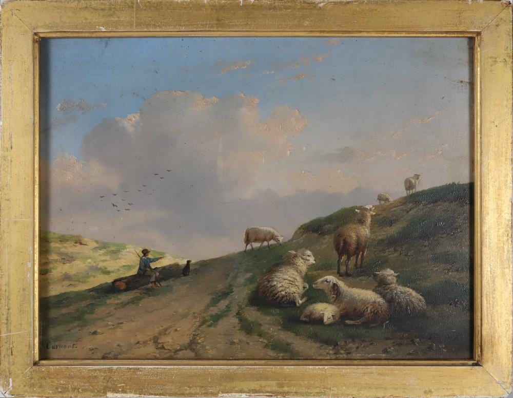 Auguste Coomans comparable auction result: auguste coomans oil on mahogany panel sheep herder in pastoral landscape