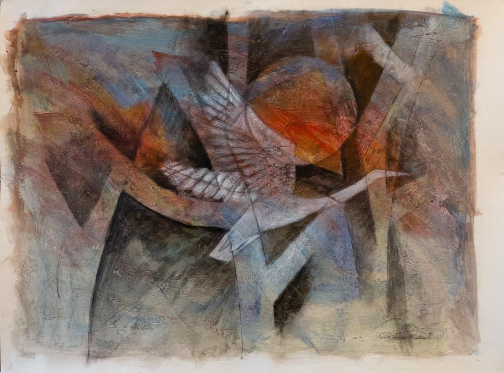 Gareth Jones-Roberts comparable auction result: gareth jones roberts australian b 1935 crane flying by the sun signed oil and mixed media on heavy paper unframed overall 25 x 33 1 2 in