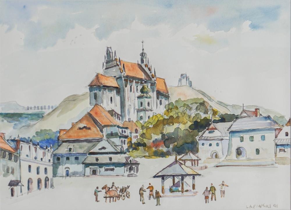Tadeusz Lapinski comparable auction result: tadeusz lapinski polish american 1928 2016 view of a church and square signed lapinski dated 1991 watercolor on paper frame 24 x 30 in 61 x 76 2 cm