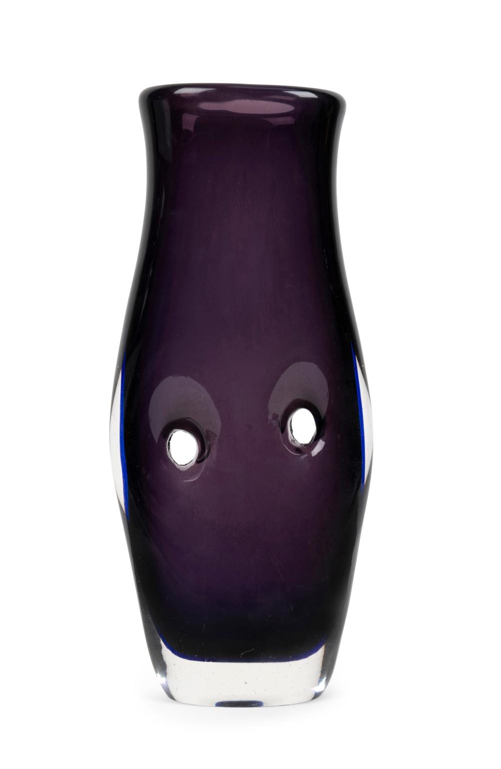 VENINI "Furato" purple and blue sommerso Murano glass vase, with original acid etched mark and paper label "Venini, Murano, Venezia, Made in Italy", 31cm high sold by Leski Auctions Pty Ltd, lot 488 — auction record photograph