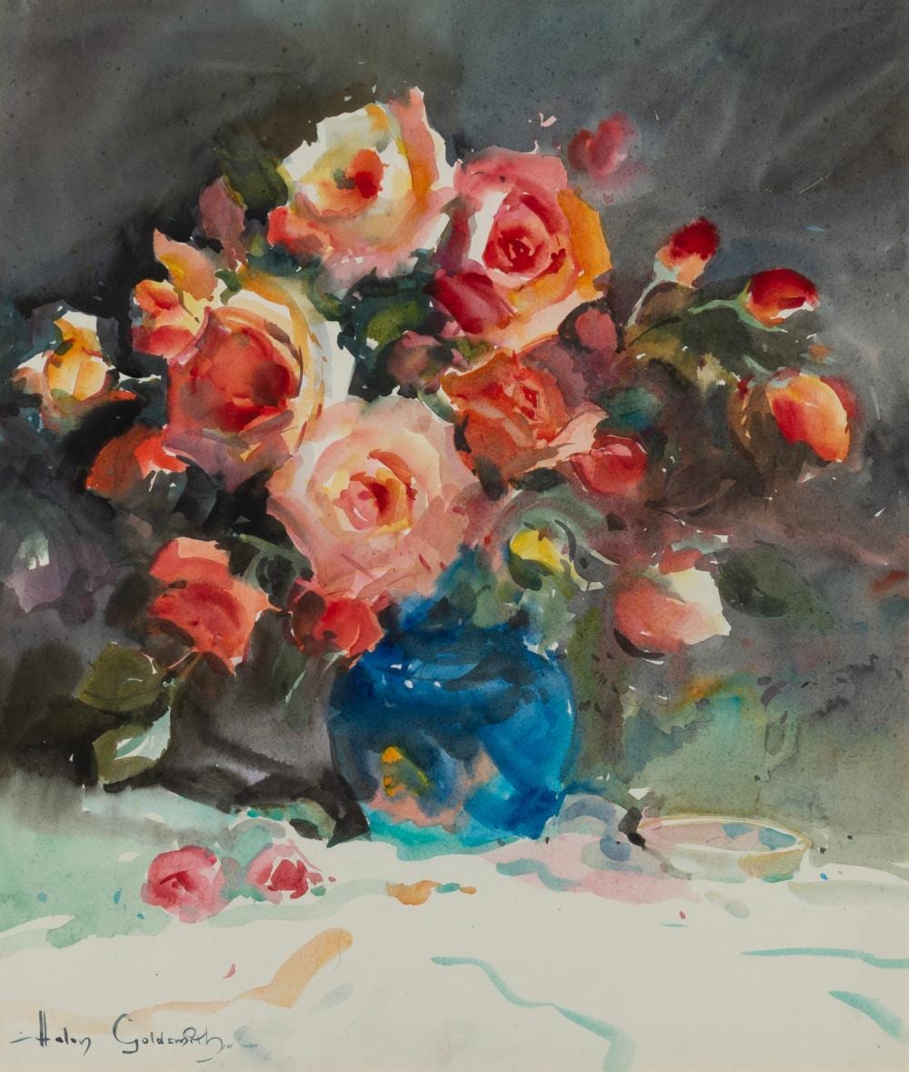 Helen Goldsmith comparable auction result: helen goldsmith 1937 roses in blue vase watercolour signed lower left helen goldsmith 51 x 44cm 88 x 79cm overall
