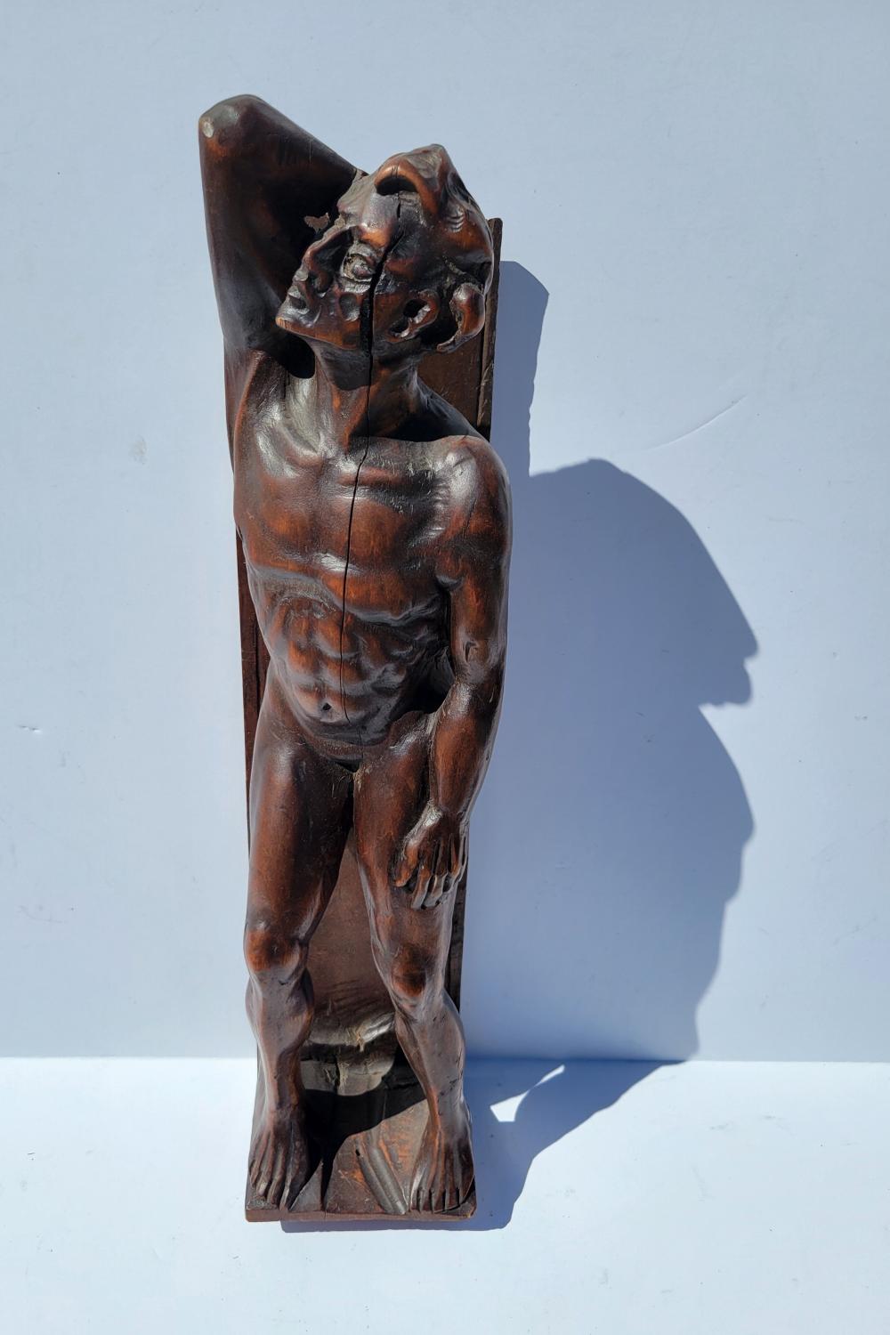 Early Germanic Ex Lubin Galleries Carved Wooden Stylized Male Nude Statue Sculpture Wall Art With Sale Tag See Condition Report sold by Richard Stedman Estate Services LLC, lot 177 — auction record photograph
