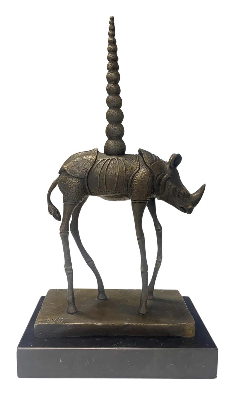Salvador Dali Inspired Bronze Sculpture Of A Rhino On Marble Base, Measures: H33cm x W18.5cm x D11.5cm sold by Pottle Auctions, lot 169 — auction record photograph