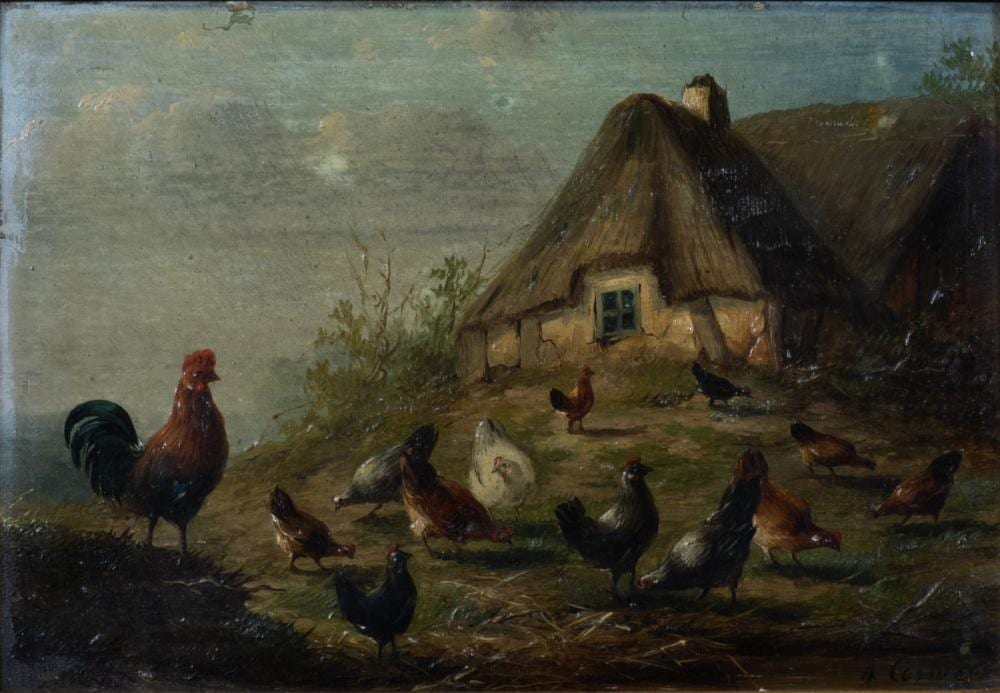 Auguste Coomans comparable auction result: auguste coomans act 1855 1896 oil on panel chickens and rooster in the yard signed
