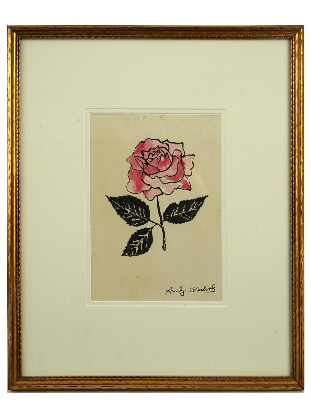 Framed paper artwork of a pink rose with dark leaves.