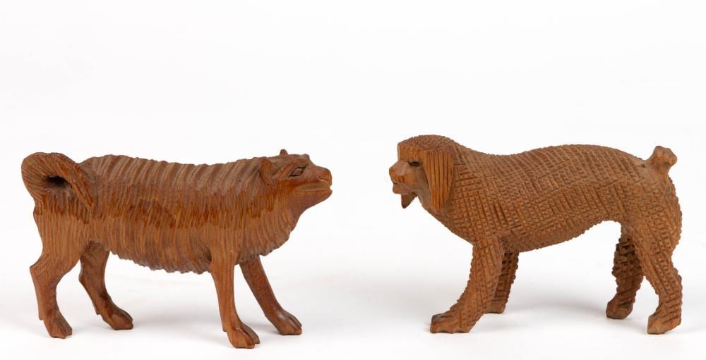 aaron mountz pennsylvania 1873 1949 attributed folk art carved dogs lot of two · Jeffrey S. Evans & Associates · 2024-11-23 Aaron Mountz comparable auction result: aaron mountz pennsylvania 1873 1949 attributed folk art carved dogs lot of two