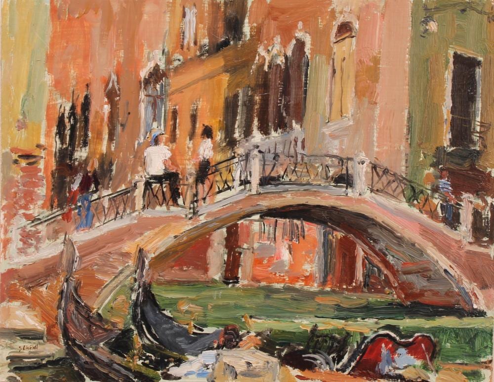 John Linfield comparable auction result: john linfield 1930 2008 the gondolier signed oil on board 20cm x 25cm
