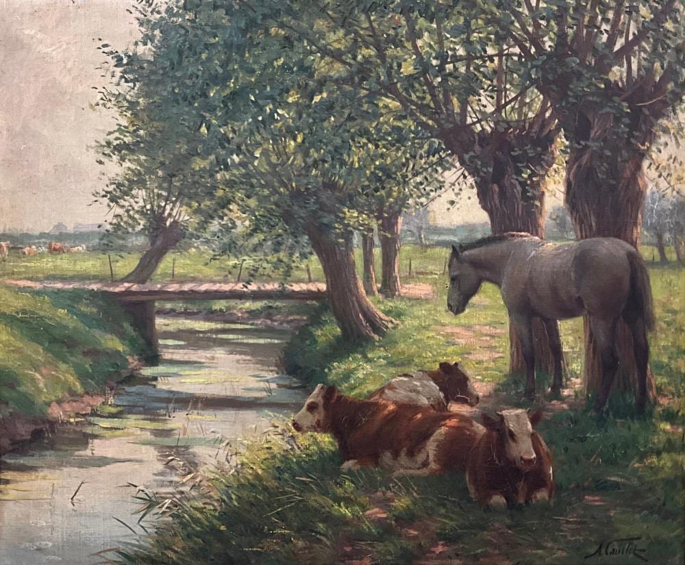 Albert Caullet comparable auction result: albert caullet 1875 1950 cattle and horse in a river landscape signed