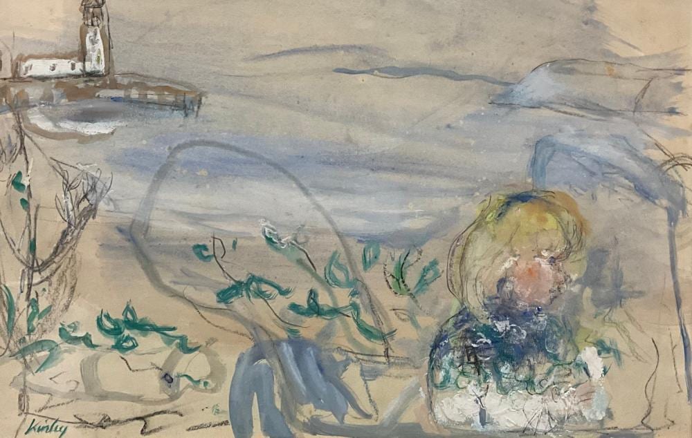 Peter Kinley comparable auction result: peter kinley 1926 1988 young girl with pier behind signed mixed media
