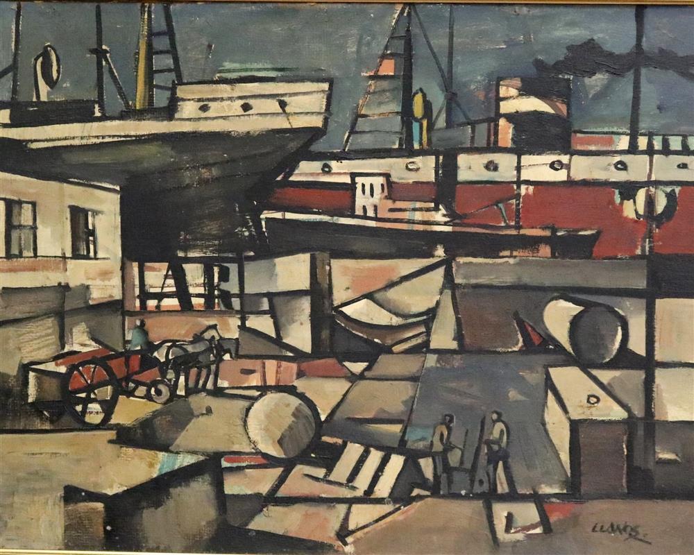 Carlos Llanos comparable auction result: carlos llanos uruguayan 1930 2014 the busy port oil on board signed lower right hand corner framed