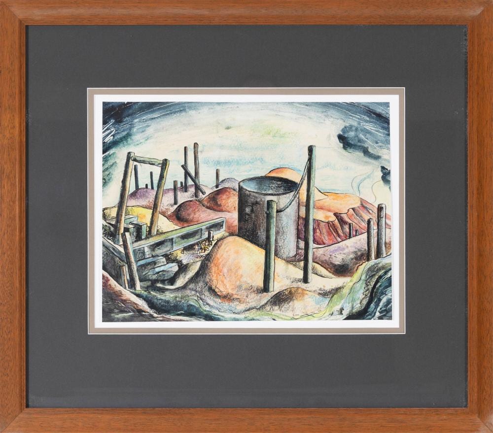 Shay Docking comparable auction result: shay docking 1928 1998 old mine working ballarat gouache mixed media on paper 33 5 x 44cm 67 x 76 5 frame 67 x 76cm