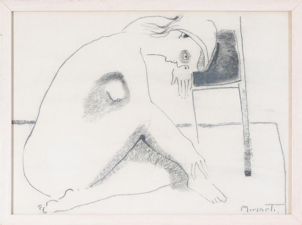Mervyn Moriarty comparable auction result: mervyn moriarty 1937 2021 seated nude crayon 35 x 48cm frame size 39 x 52cm