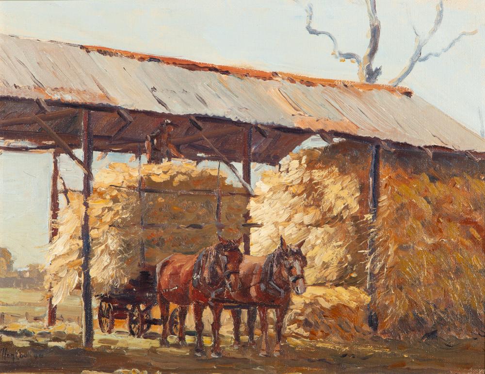 Allon Cook comparable auction result: allon cook unloading the hay wagon oil on board