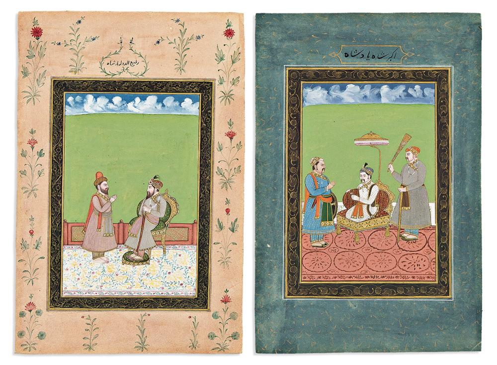 (MUGHAL MINIATURES.) Fine pair of Indian miniature paintings. sold by Swann Auction Galleries, lot 263 — auction record photograph
