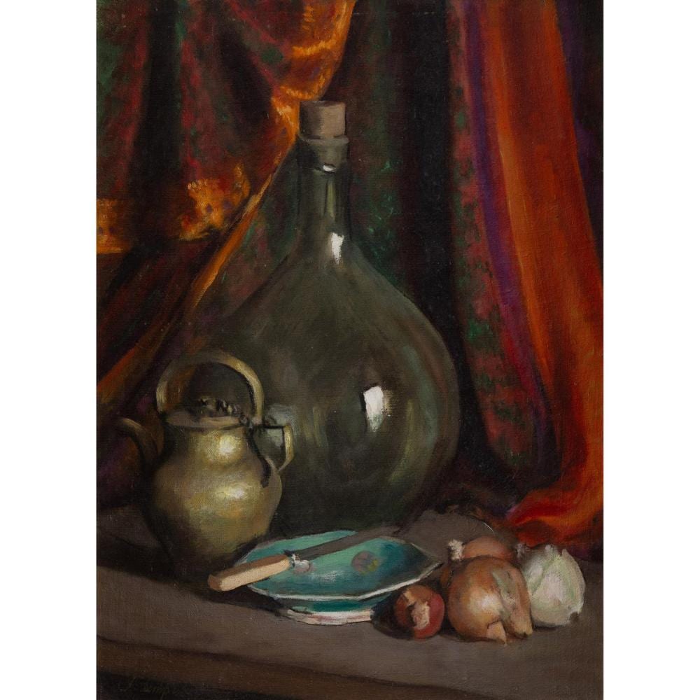 Helen Lempriere comparable auction result: helen lempriere 1907 1991 onions and bottle oil on canvas laid on board 48 x 36cm 59 x 46 5cm framed