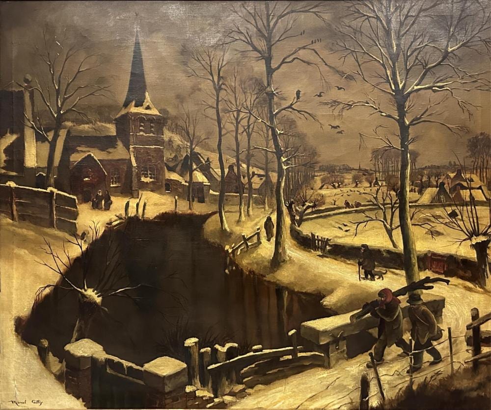 Marcel Gillis comparable auction result: marcel gillis 1897 1972 le village enneig dans le borinage grande huile sur toile dimensions 98 x 120 cm
