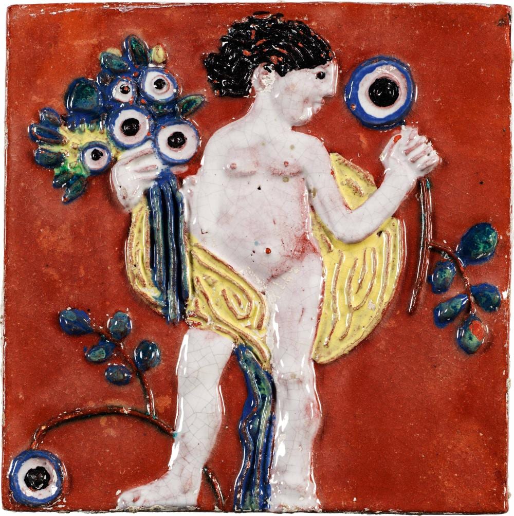 Berthold Löffler comparable auction result: bertold l ffler tile with putto and flowers