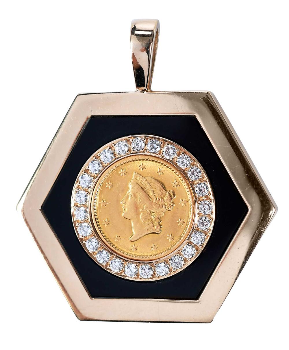 1851 Liberty Head Gold Coin, Black Onyx and Diamond Pendant sold by Brunk Auctions, lot 714 — auction record photograph