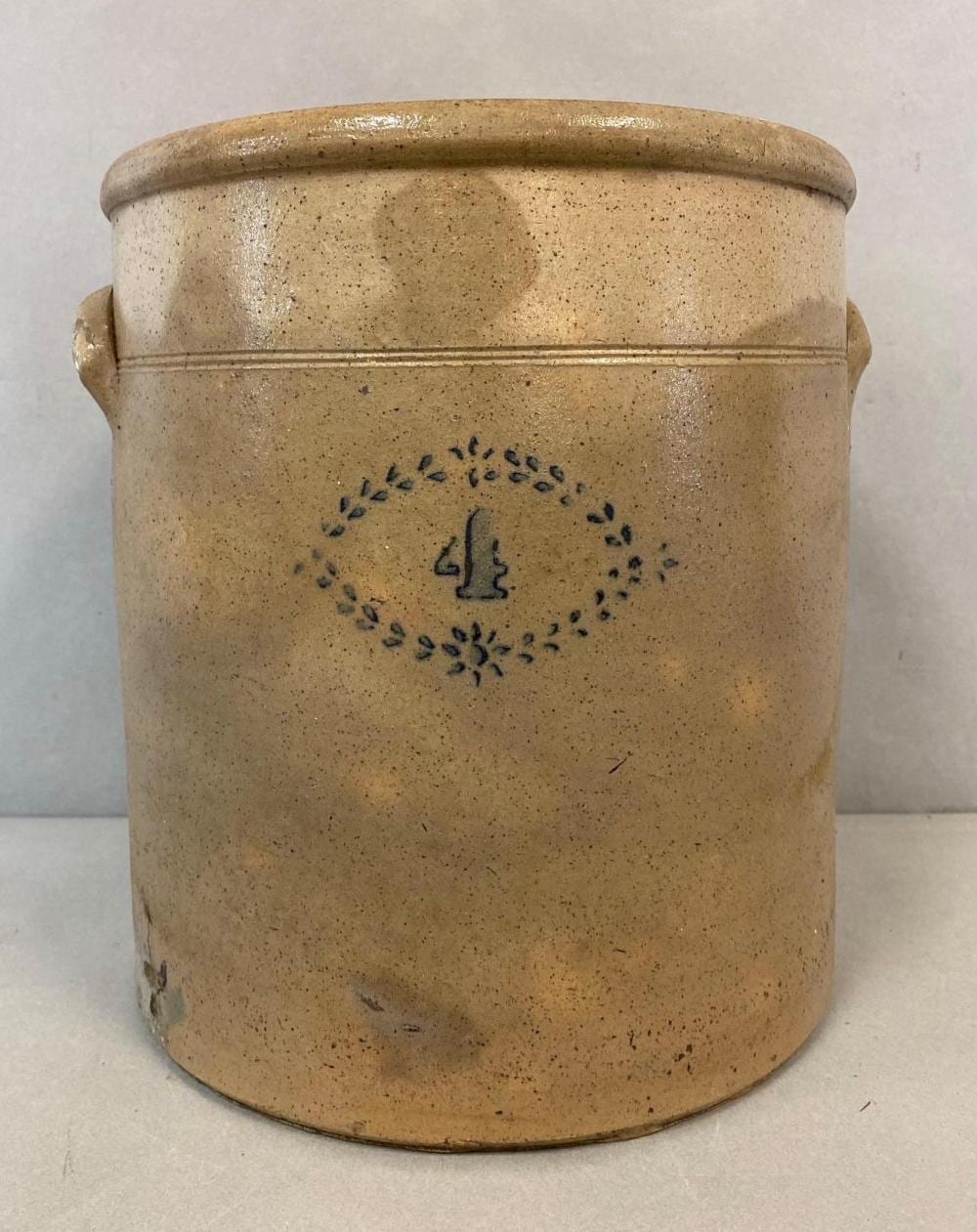 Antique 4 Gallon Salt Glazed Stoneware Crock with Cobalt sold by Matthew Bullock Auctioneers, lot 633 — auction record photograph