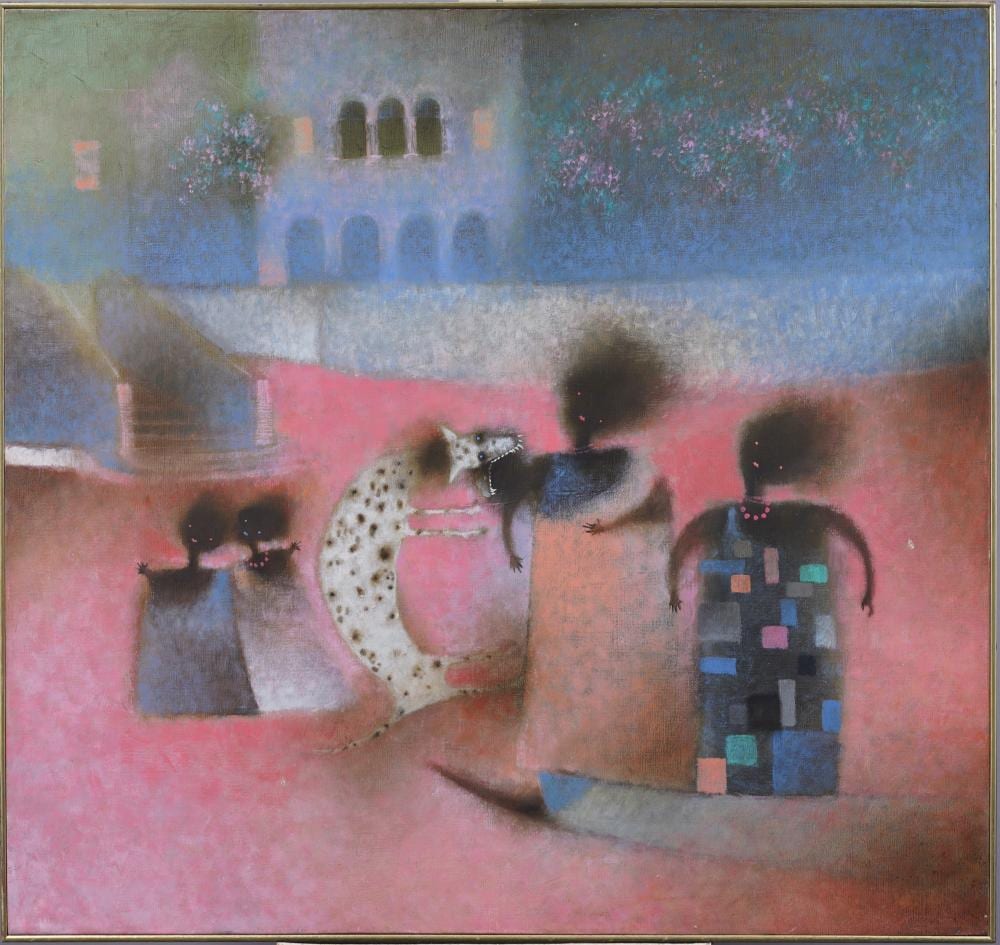 Alton Pickens comparable auction result: alton pickens 1917 1991 large surreal modernist dogs and figures framed oil painting
