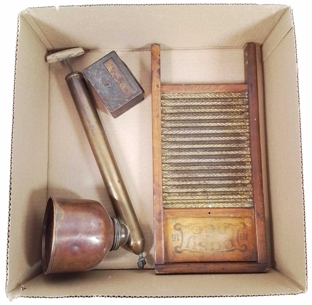 (3) Antique Washboard, Blizzard Sprayer, Coin Bank sold by EJ'S Auction & Appraisal, lot 3011 — auction record photograph
