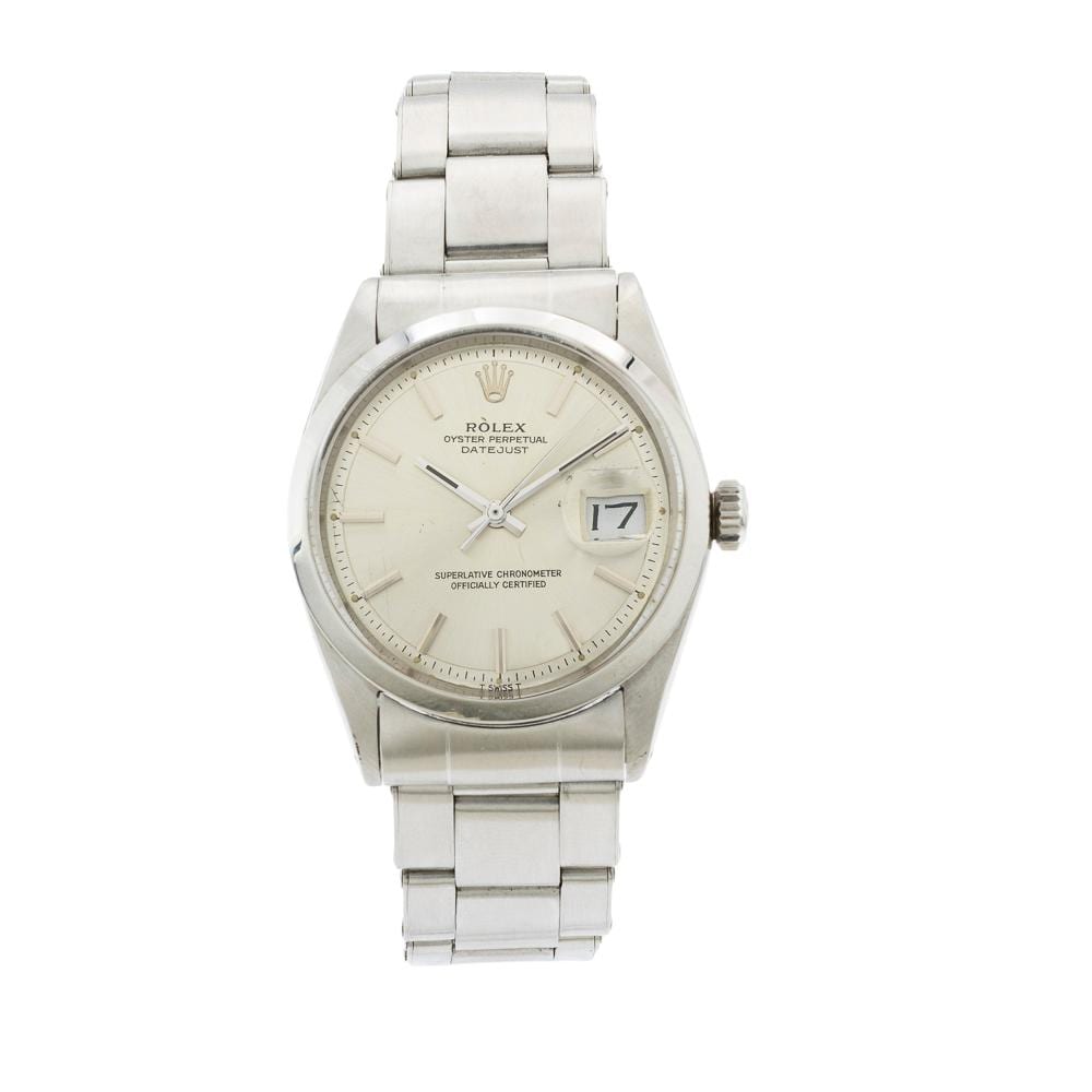 Silver metal wristwatch with a round white dial, gold hour markers, and a date window showing 17, on a stainless-steel bracelet.