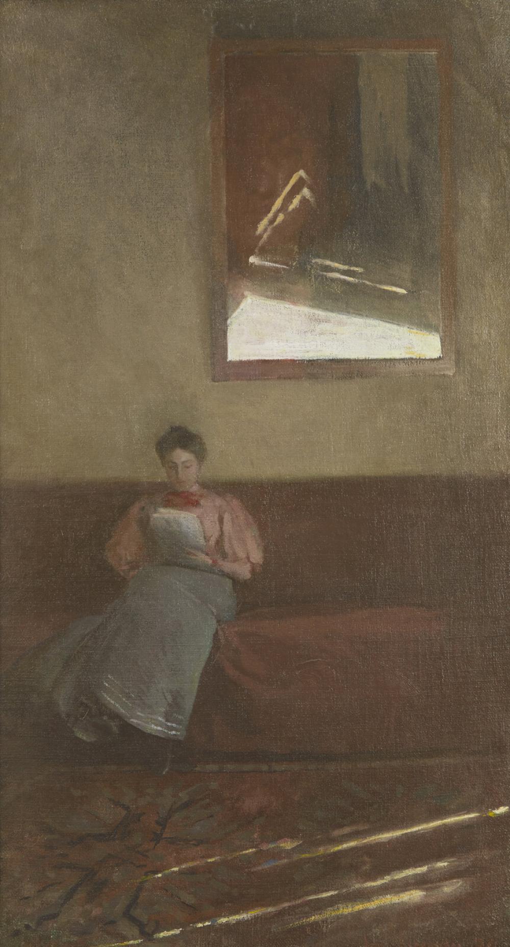 John White Alexander comparable auction result: john white alexander american 1856 1915 tude reflections sunlight in mirror interior bess reading woman reading study of sunlight 1894