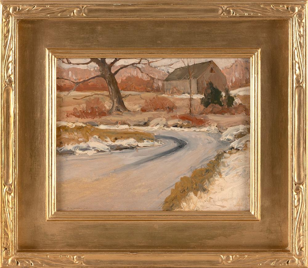 Joseph Harry Wheater comparable auction result: joseph harry wheater massachusetts 1885 1959 barn on a winding road oil on board 8 x 10 framed 13 x 15