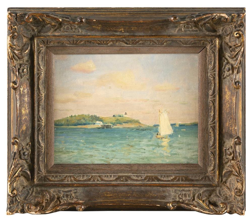 William Rowell Derrick comparable auction result: william rowell derrick new york california 1857 1941 seascape with a small vessel off a lighthouse oil on board 7 x 9 framed 12 x 14