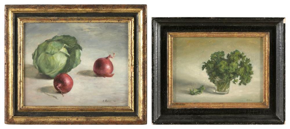 Alvin Ross comparable auction result: alvin ross new york new jersey 1920 1975 pair of still lifes oils on board 6 x 8 and 7 5 x 9 5 framed approx 10 x 12