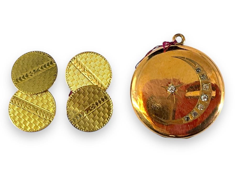 Vintage/Antique Gold-Filled Locket, Vintage Gold Cufflinks sold by Apple Tree Auction Center, lot 5256 — auction record photograph