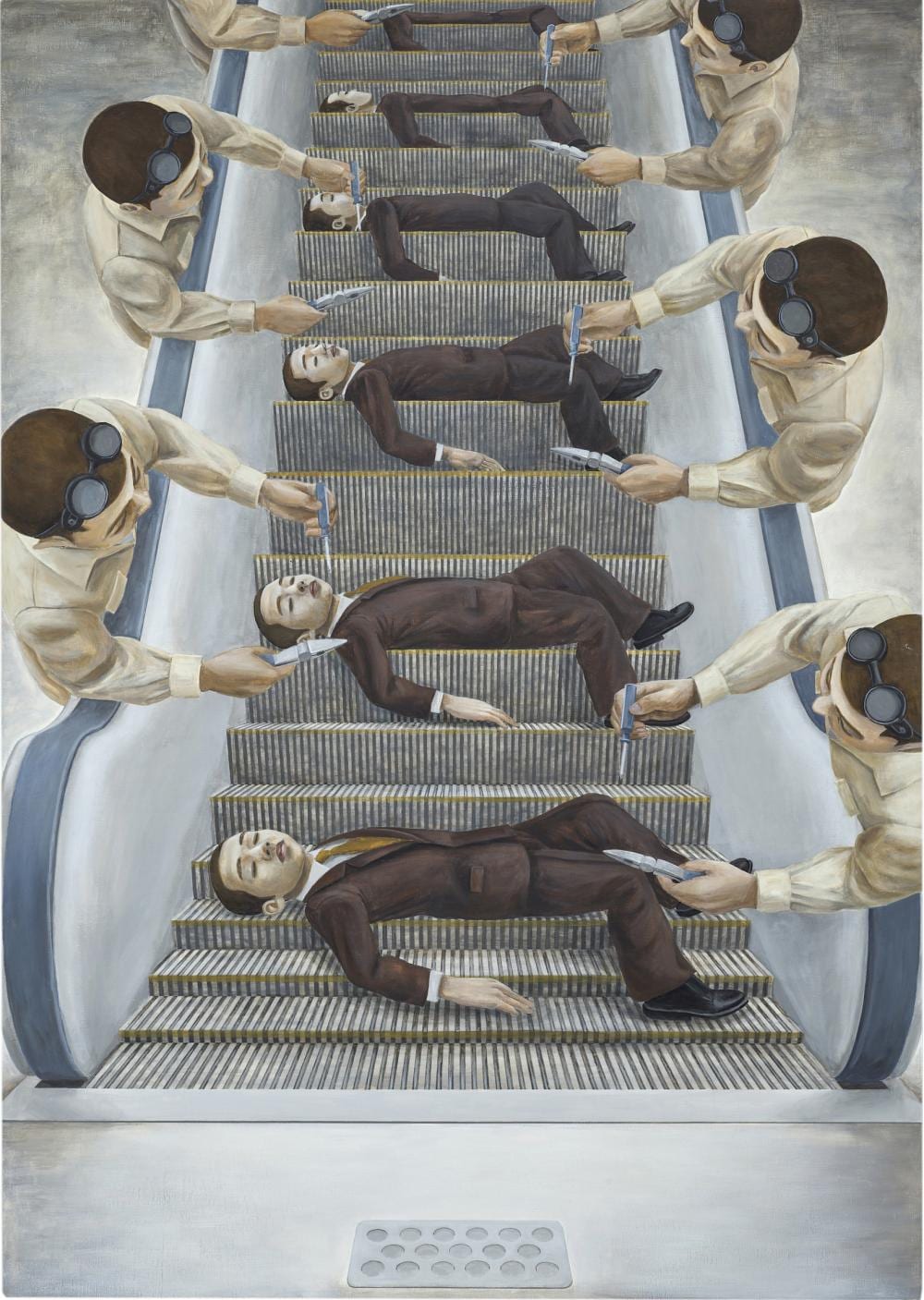 Tetsuya Ishida (1973-2005) The Men On A Belt Conveyor1996 145.7 x 103.2 cm (57 3/8 x 40 5/8 in). comparable sale