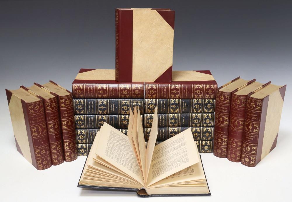Jean Jacques Rousseau comparable auction result: 18 french leather bound library shelf books by jean jacques rousseau