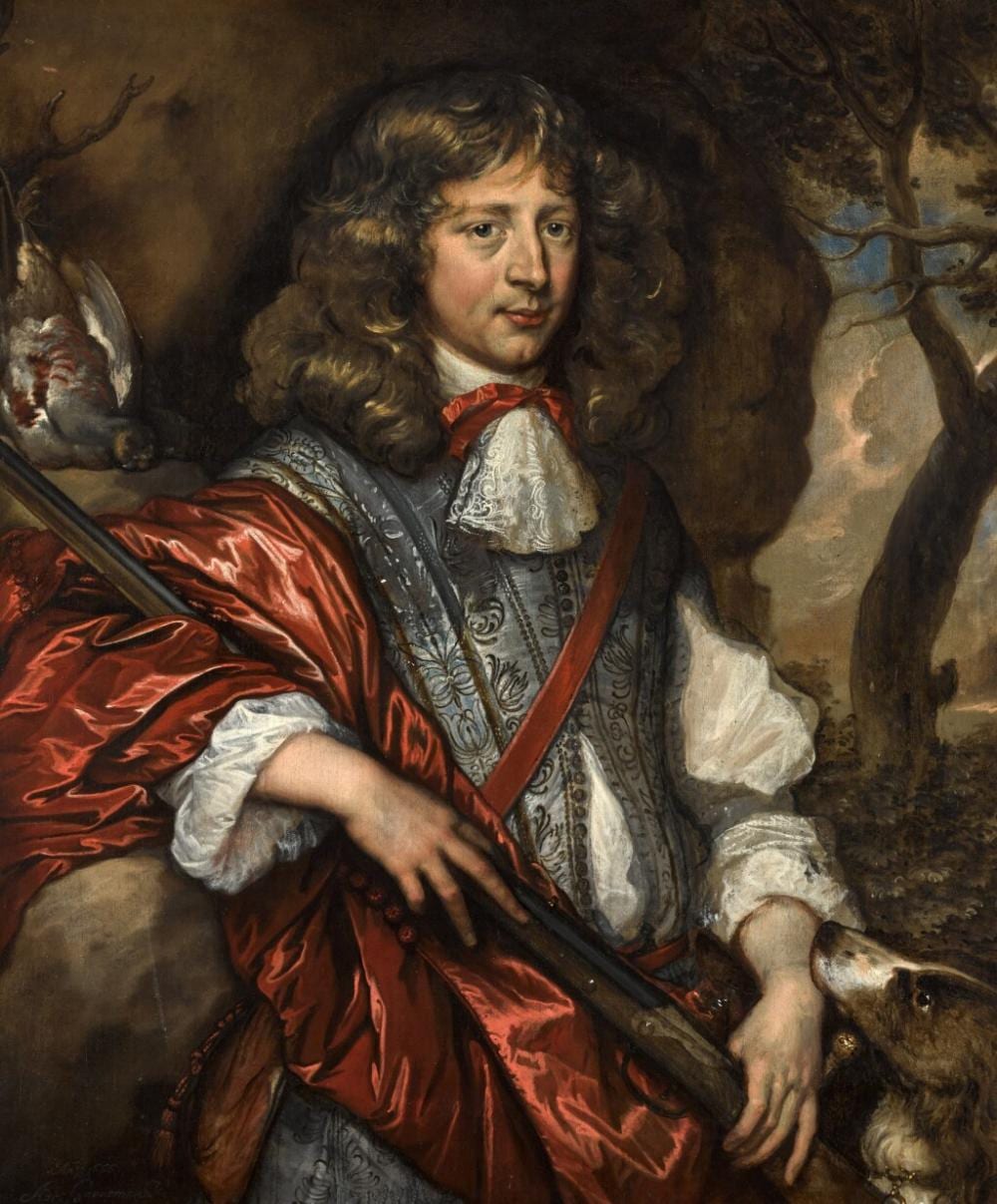 Adriaen Hanneman comparable auction result: portrait of a gentleman with a rifle and a hunting dog