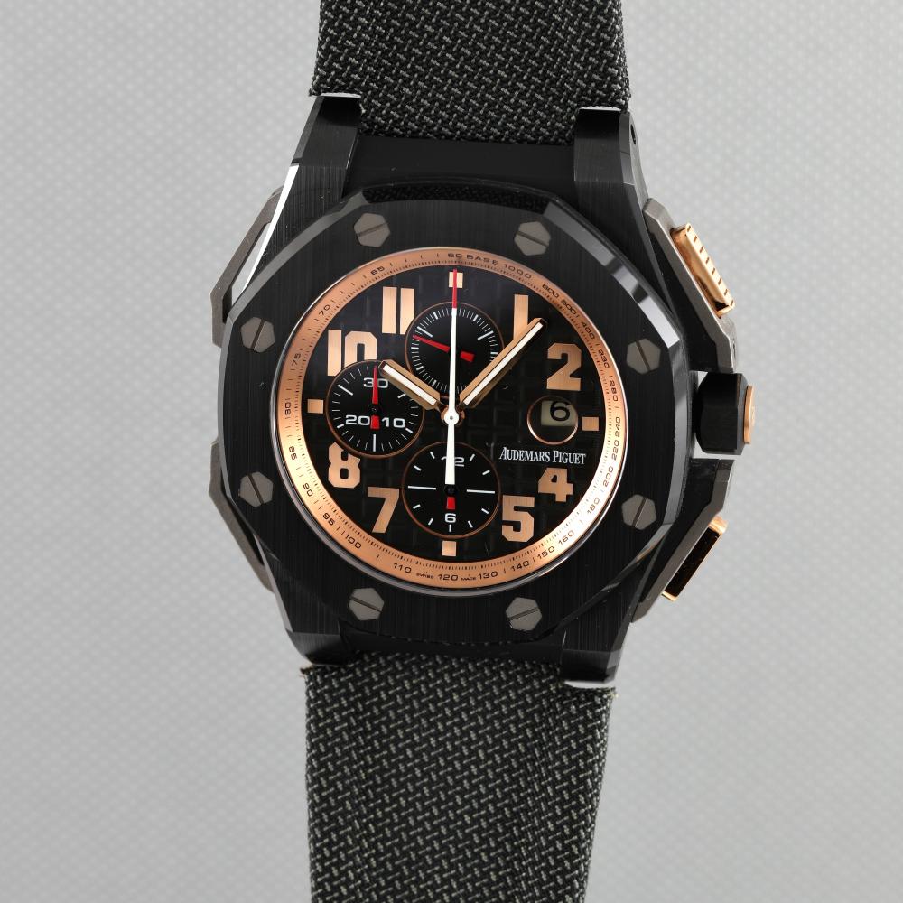 AUDEMARS PIGUET ROYAL OAK OFFSHORE CHRONOGRAPH THE LEGACY, Arnold Schwarzenegger, Ref. 26378IO, movement no. 766402, case no. H15168-027, limited edition no. 0271/500, made in collaboration with Arnold Schwarzenegger, sold in June 2011 sold by ICONEEK, lot 38 — auction record photograph