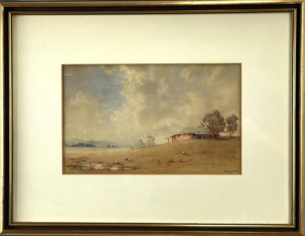 Victor R  Watt comparable auction result: victor robert watt sheep near hayshed in rural landscape