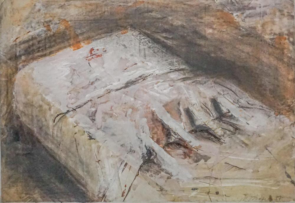 Maria Moser comparable auction result: maria moser austrian b 1948 depression on a mattress 1987 mixed media on paper signed l r with paper label affixed to verso frame 30 1 4 x 42 1 4 in 76 8 x 107 3 cm