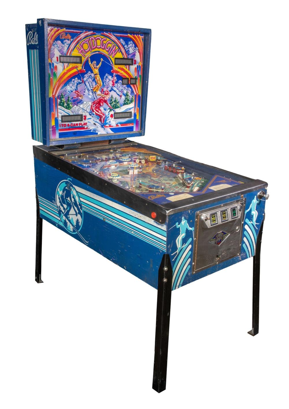Blue Bally pinball machine with Hotdoggin artwork, opened playfield and backbox, with control panel and score lights.