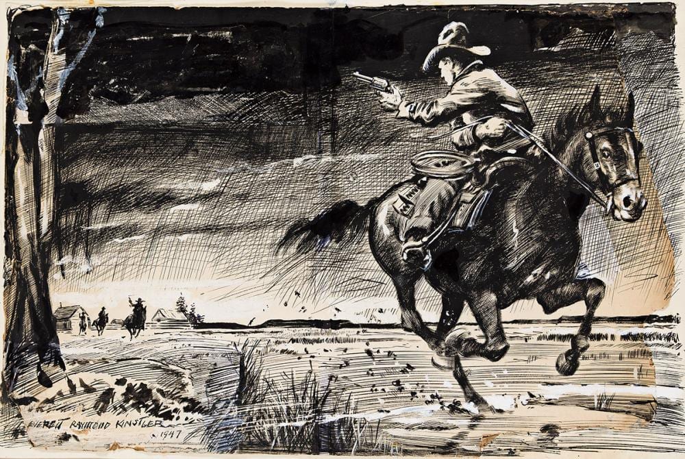 everett raymond kinstler 1926 2019 shootout on horseback · Swann Auction Galleries · 2024-12-12 Everett Raymond Kinstler comparable auction result: everett raymond kinstler 1926 2019 shootout on horseback