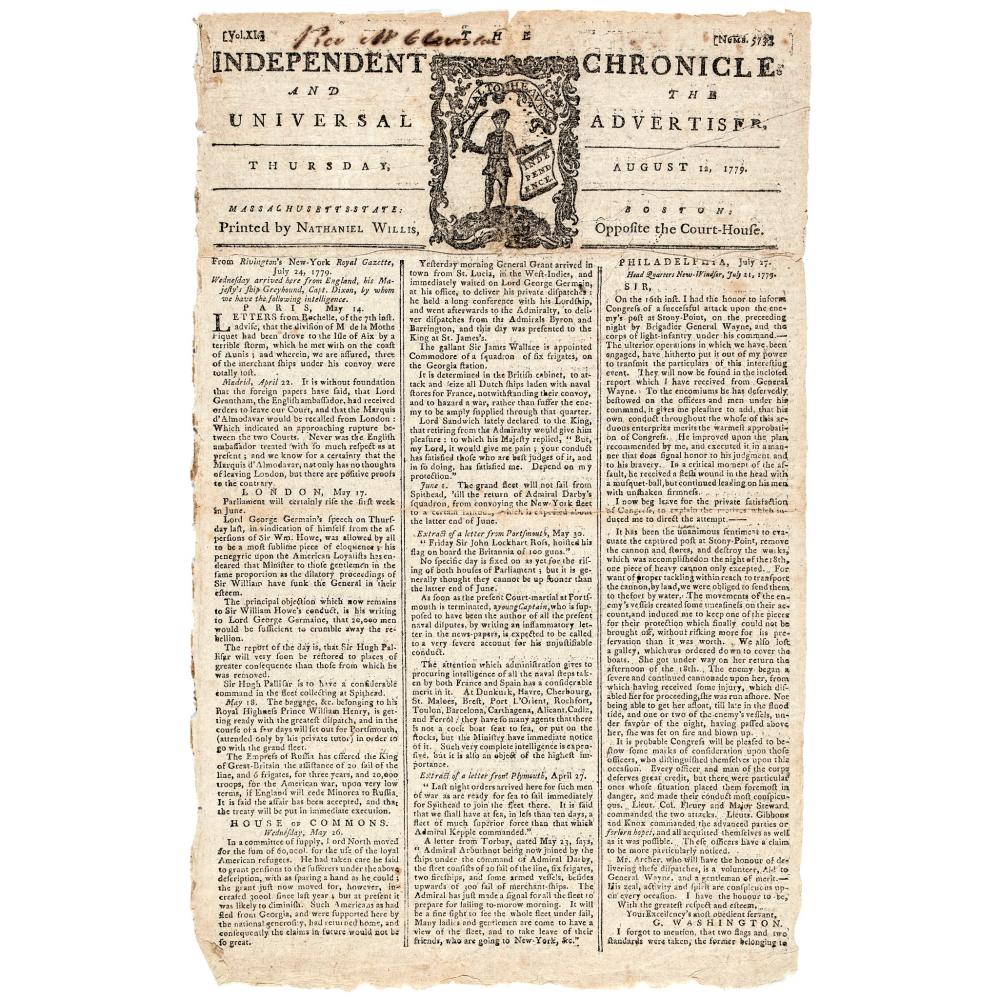 Historic newspaper page titled “Independent Chronicle and Universal Advertiser,” dated August 12, 1779, with dense columns of text and an ornate masthead.