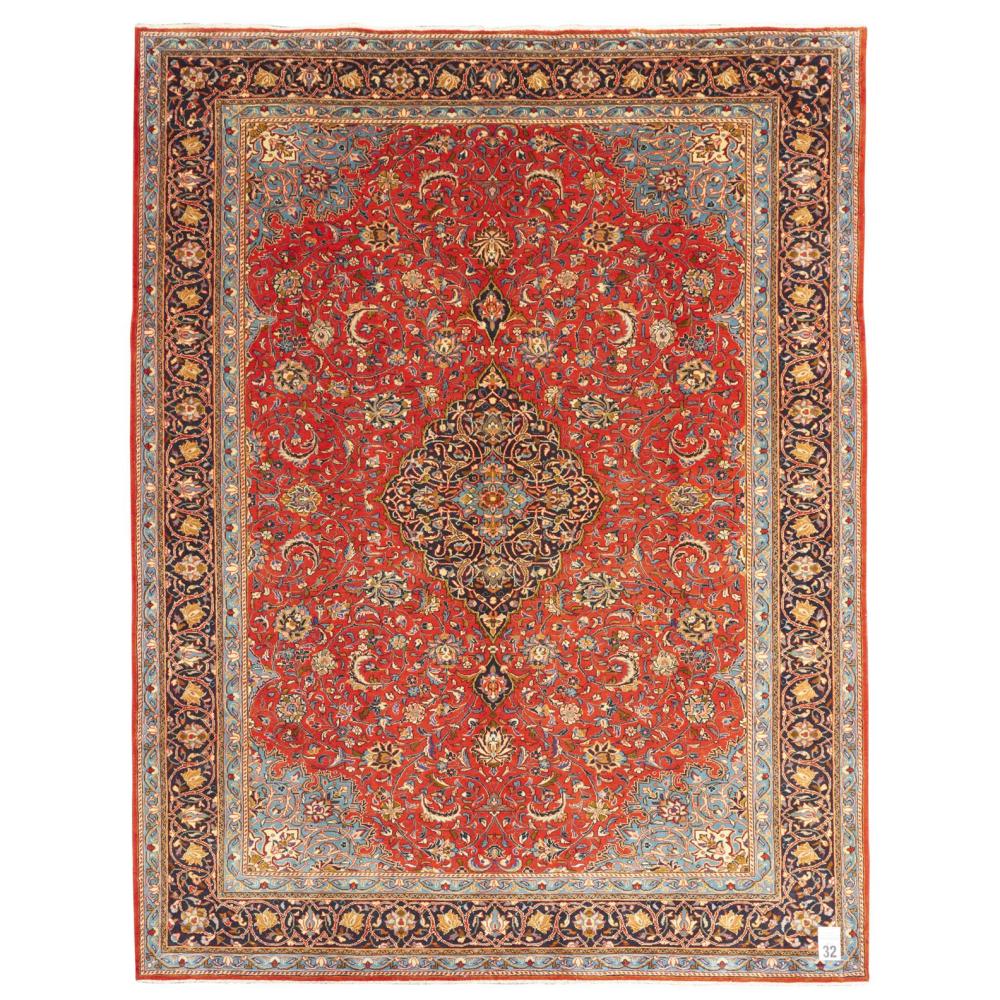 A FINE & SOLID PERSIAN SAROUQ CARPET, HIGH QUALITY WOOL PILE. FINELY HAND-KNOTTED. CLASSIC SAROUQ DESIGN OF CHANDELIER MEDALLION IN... sold by Leonard Joel, lot 32 — auction record photograph