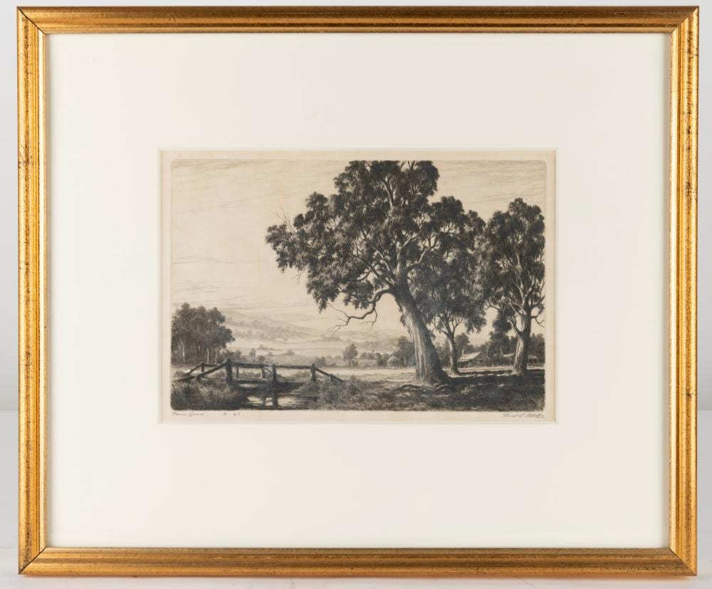 Ernest Edwin Abbott comparable auction result: ernest edwin abbott 1888 1973 farm gums dry point etching signed and titled in the lower margin 21 x 30cm 42 x 50cm overall