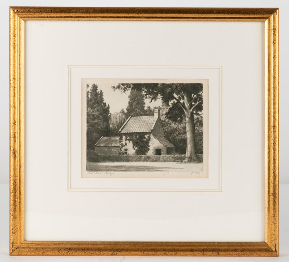 Ernest Edwin Abbott comparable auction result: ernest edwin abbott 1888 1973 captain cook s cottage dry point etching titled in pencil in lower margin signed with abbott s pseudonym g cope 14 x 18cm 35 x 38cm overall