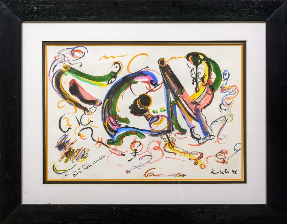 Eli Kobeli comparable auction result: eli kobeli sa 1932 1999 mixed media the song of praise signed titled dated 96 46 x 65