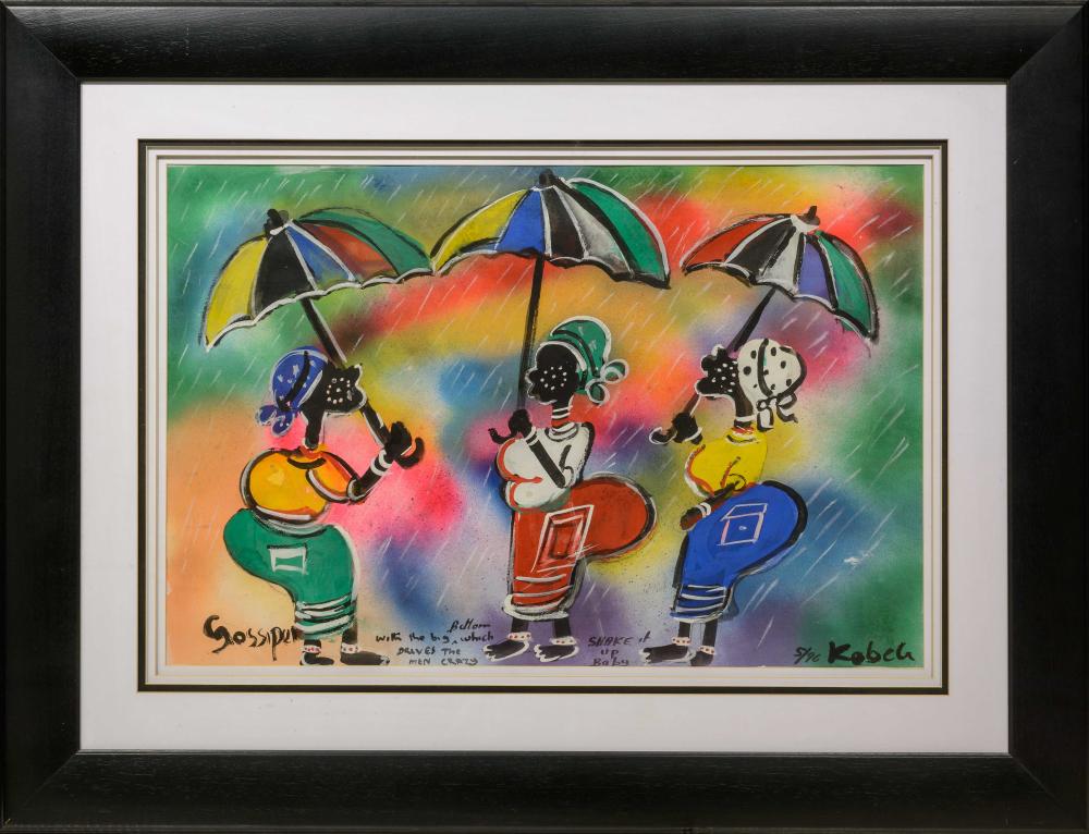 Eli Kobeli comparable auction result: eli kobeli sa 1932 1999 mixed media gossipers signed titled dated 96 57 x 84
