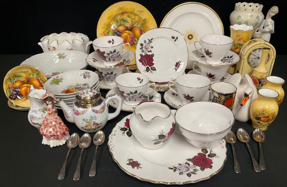 Ceramics - a pair of Aynsley Orchard Gold dessert plates; other Orchard Gold including bell, mantel clock, vases, etc; a Colclough Rose pattern tea service for six; a Lynton Hamilton Imari cylindrical vase; a Belleek vase; a Beswick model, of a swan; sold by Bamfords Auctioneers and Valuers Ltd, lot 328 — auction record photograph