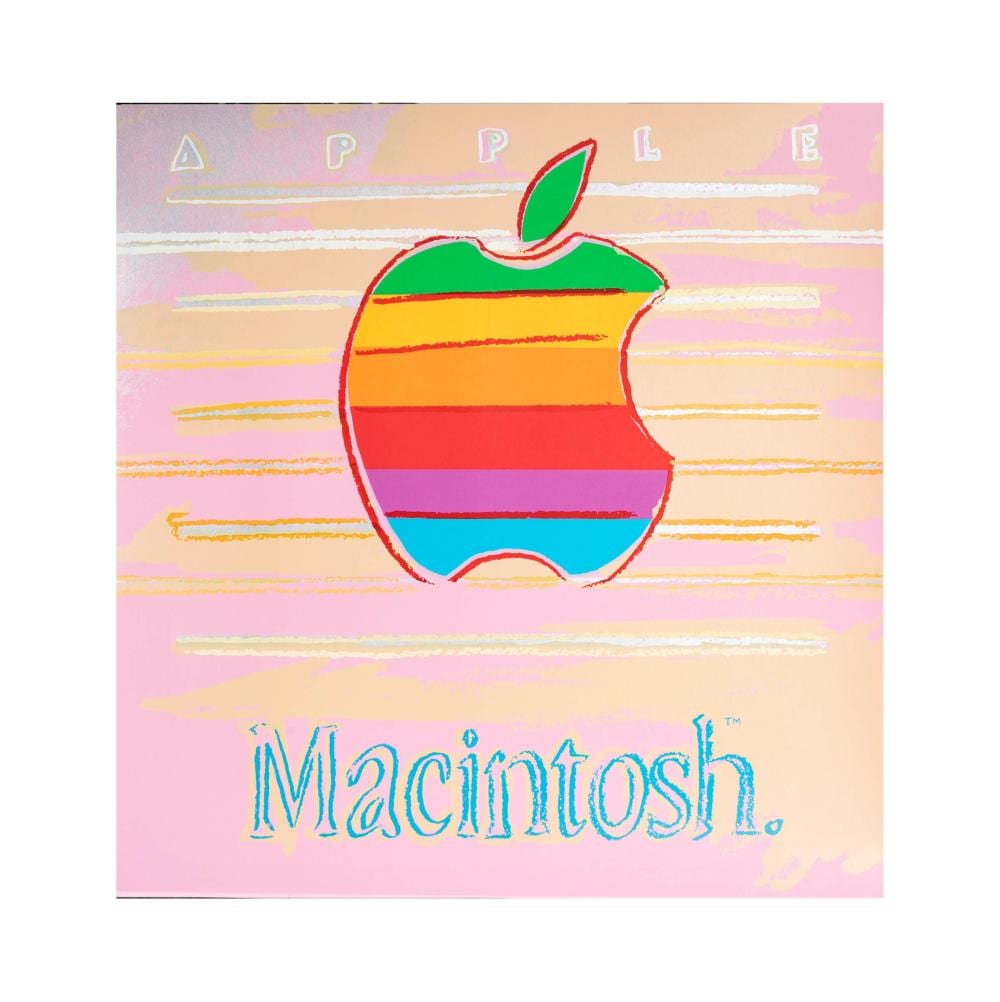 Colorful pop-art apple image on a pink background with the word “Macintosh.”