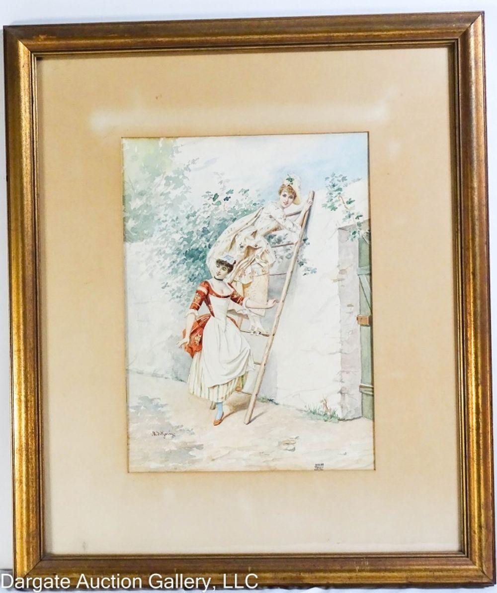 Marie Garay comparable auction result: marie de garay watercolor women climbing a ladder