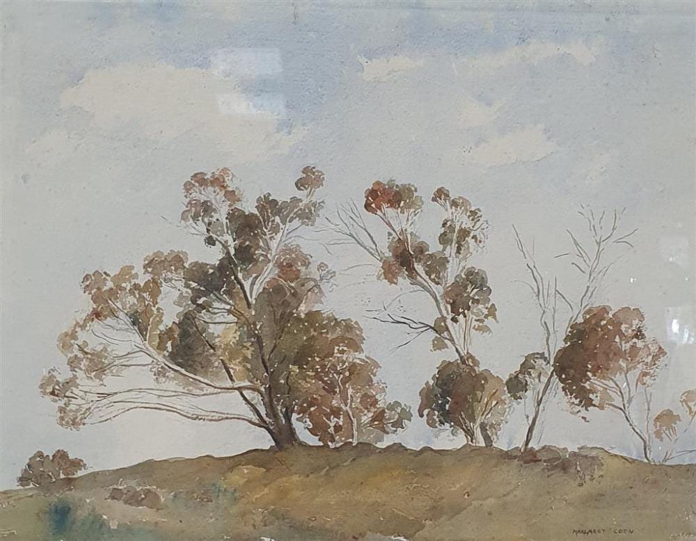 Margaret Coen comparable auction result: margaret agnes coen australian 1913 93 untitled trees on a hill watercolour signed lower right 34 x 43 cm framed 60 x 67 cm