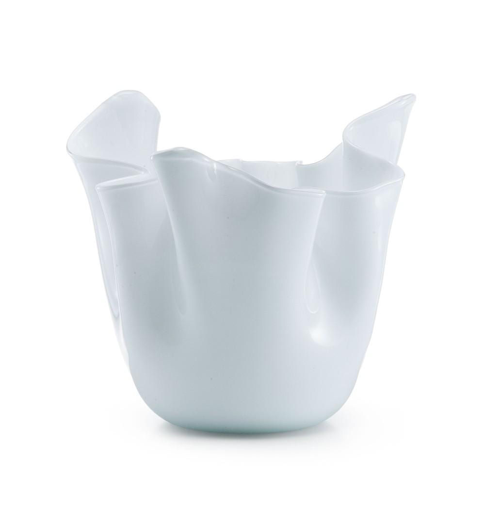 Light blue glass vase with a scalloped rim and folded, faceted sides.